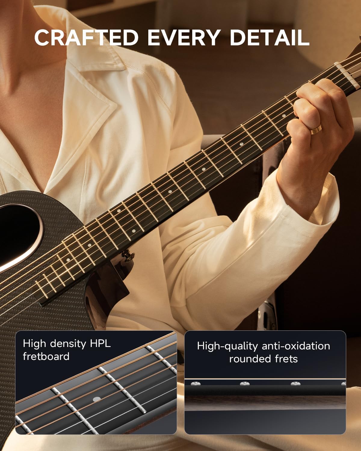 Detalhes do braço da guitarra Donner RISING-G1 com escala HPL de alta densidade e trastes arredondados resistentes à oxidação