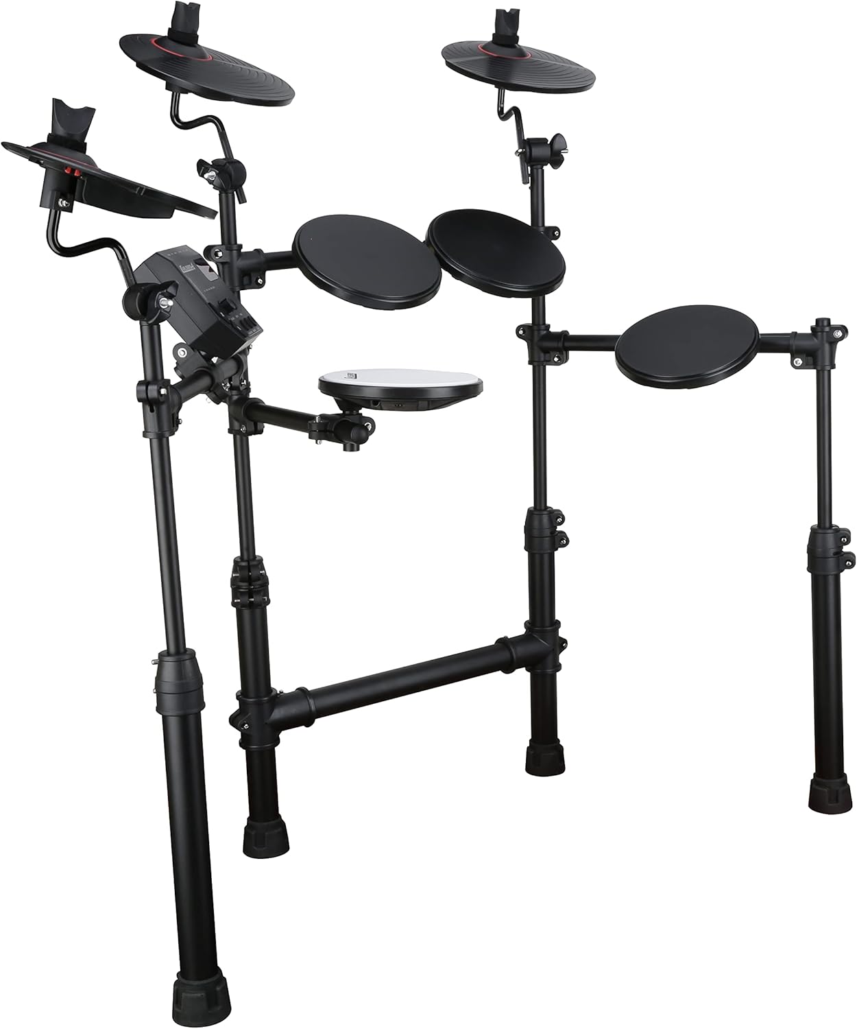 Bateria eletrônica Carlsbro CSD100BP1 vista lateral com pads, pratos, pedais e módulo de controle.