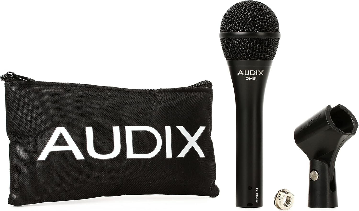 Microfone Audix OM5 preto com bolsa de transporte, suporte e adaptador.