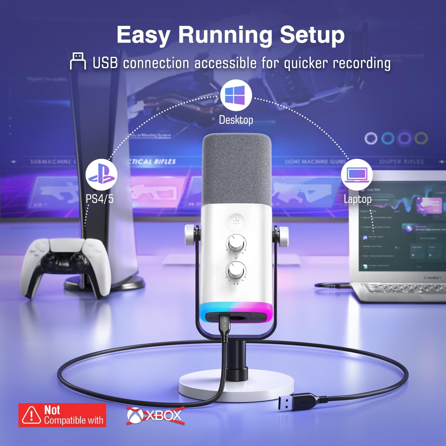 Microfone dinâmico FIFINE AM8 branco com conexão USB, compatível com desktop, laptop e PS4/PS5, não compatível com Xbox
