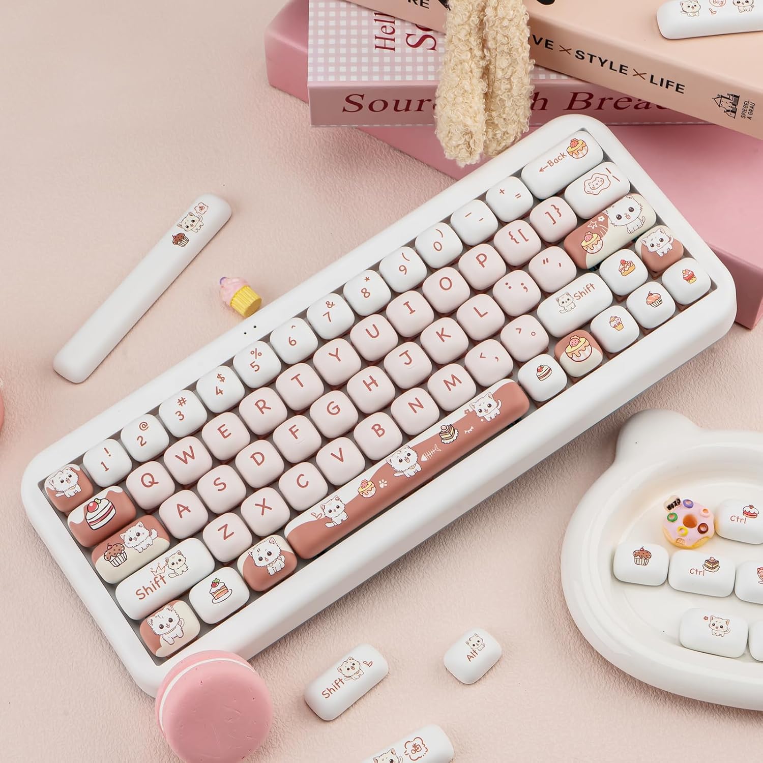 Conjunto de teclas perfil MOG em PBT para teclado personalizado com temas de gatinhos e doces