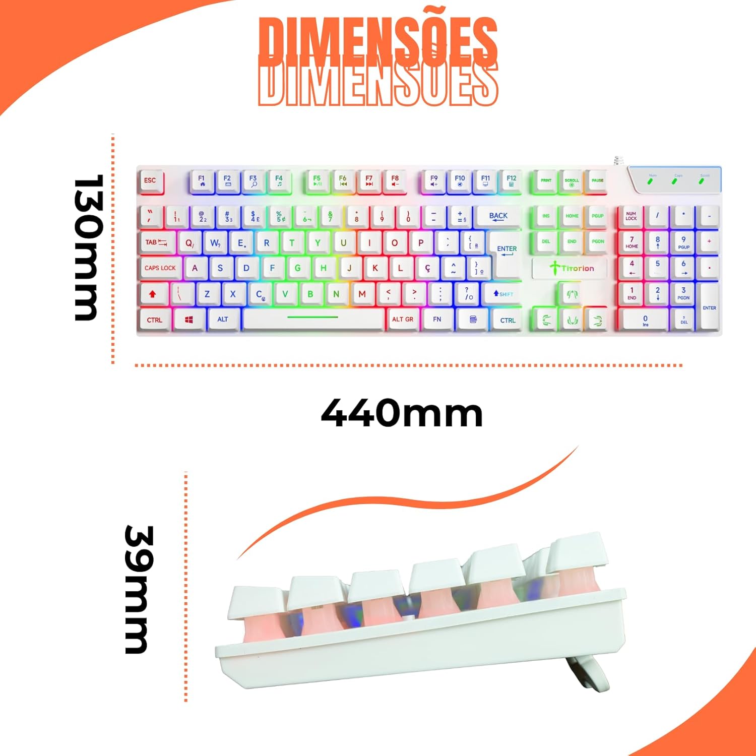 Dimensões do teclado gamer semi mecânico branco Titorion TE001 com iluminação RGB