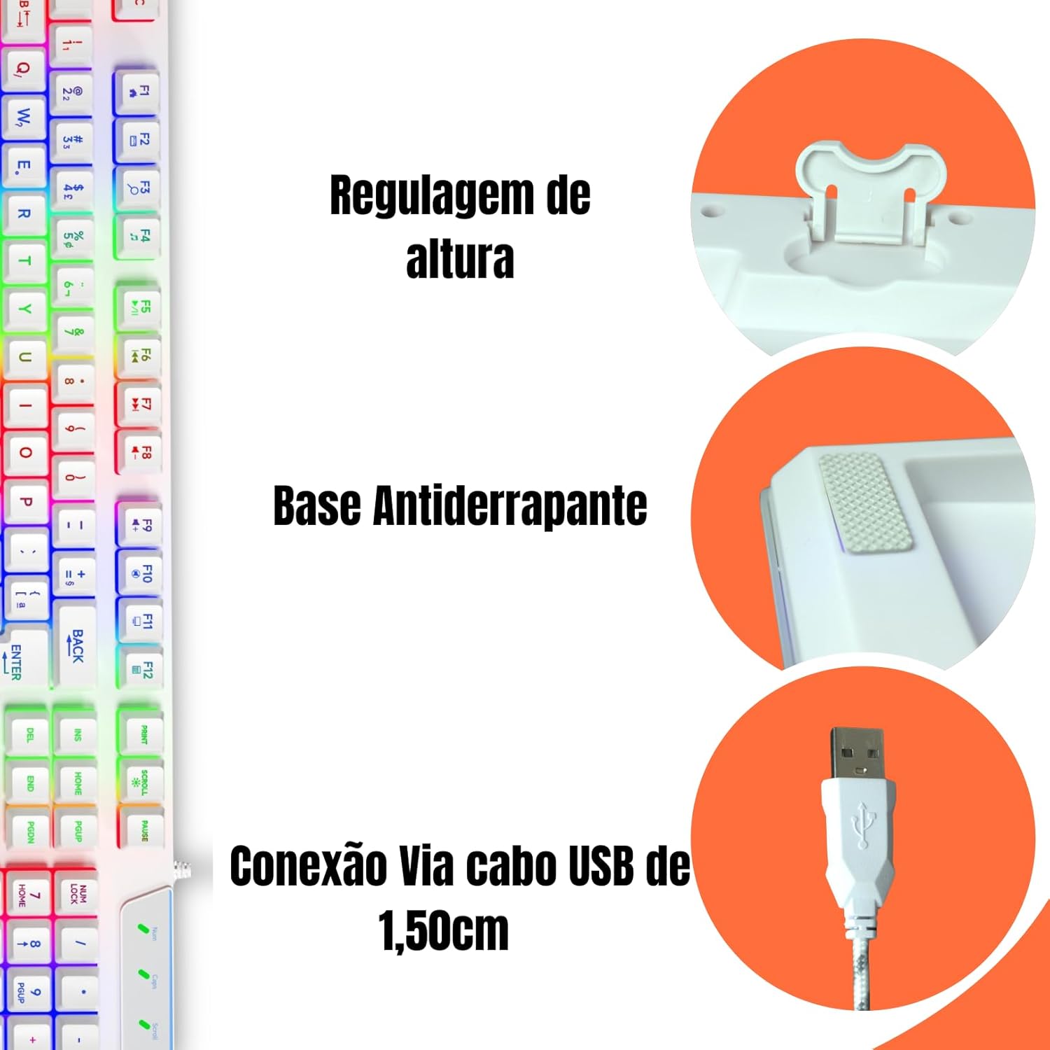 Base antiderrapante, regulagem de altura e cabo USB 1,5 metros do teclado gamer Titorion TE001.