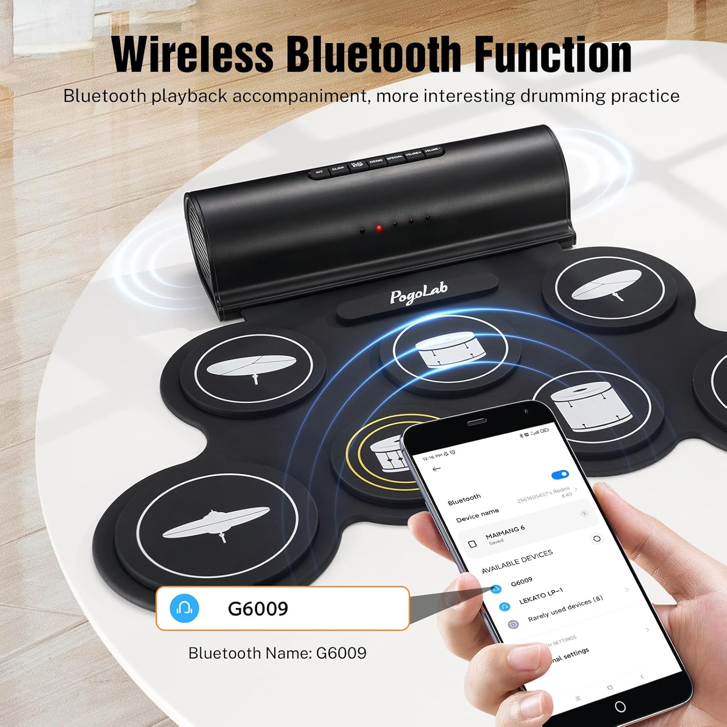 Função Bluetooth sem fio da bateria eletrônica PogoLab conectada a smartphone para prática musical.