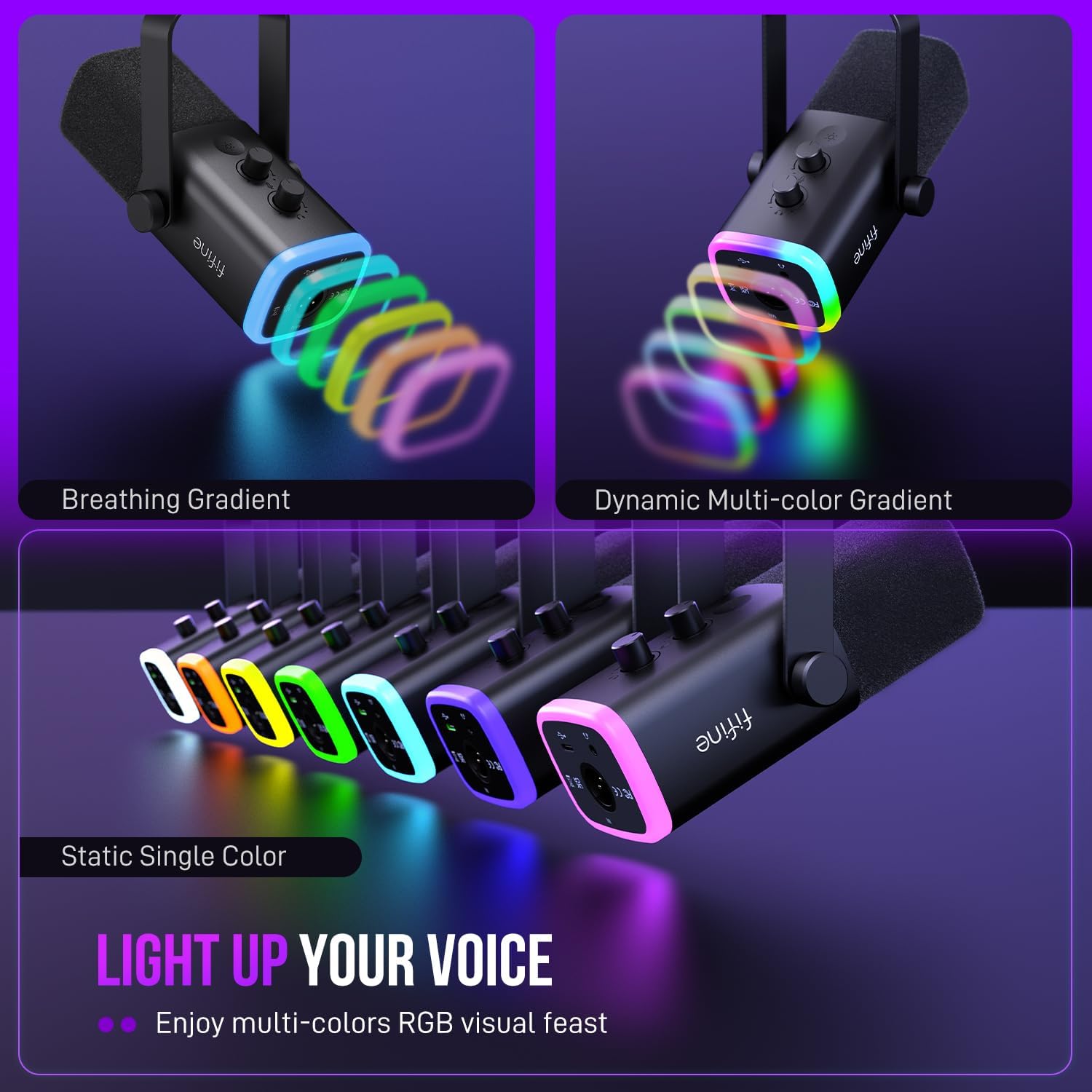 Microfone FIFINE AM8 com iluminação RGB personalizável em três modos para podcast e streaming