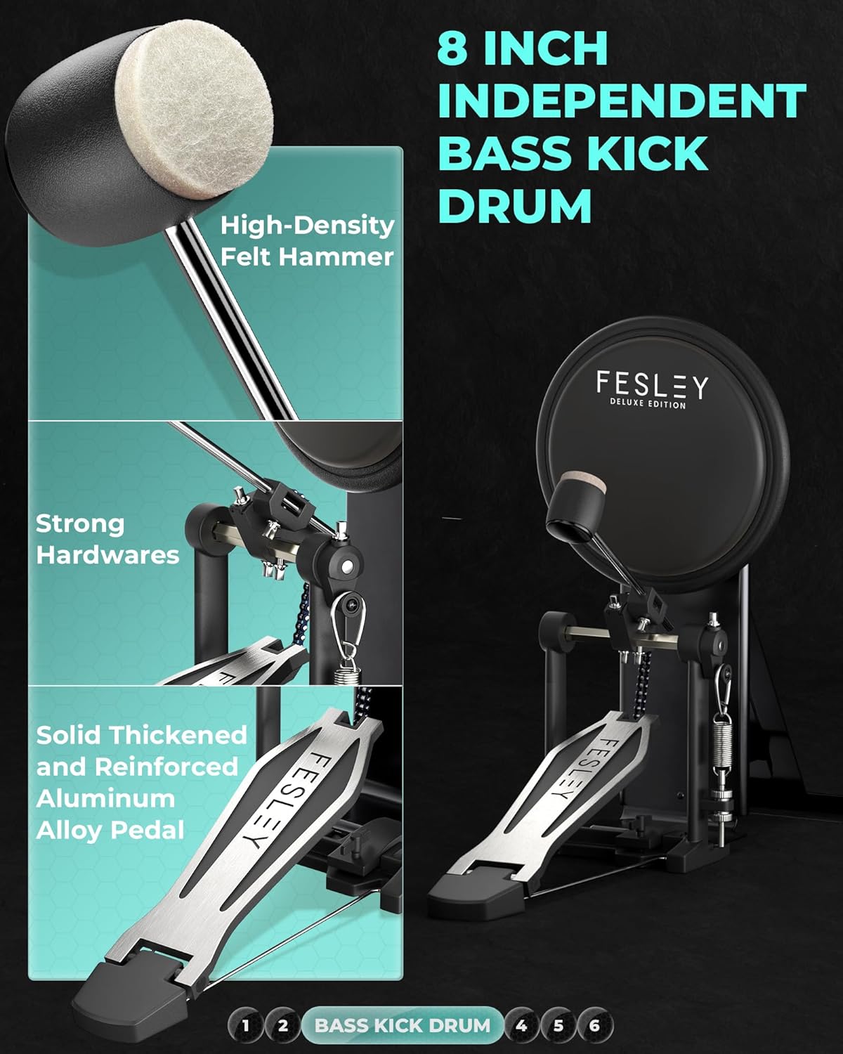 Bumbo independente de 8 polegadas com martelo de feltro e pedal reforçado da bateria eletrônica Fesley