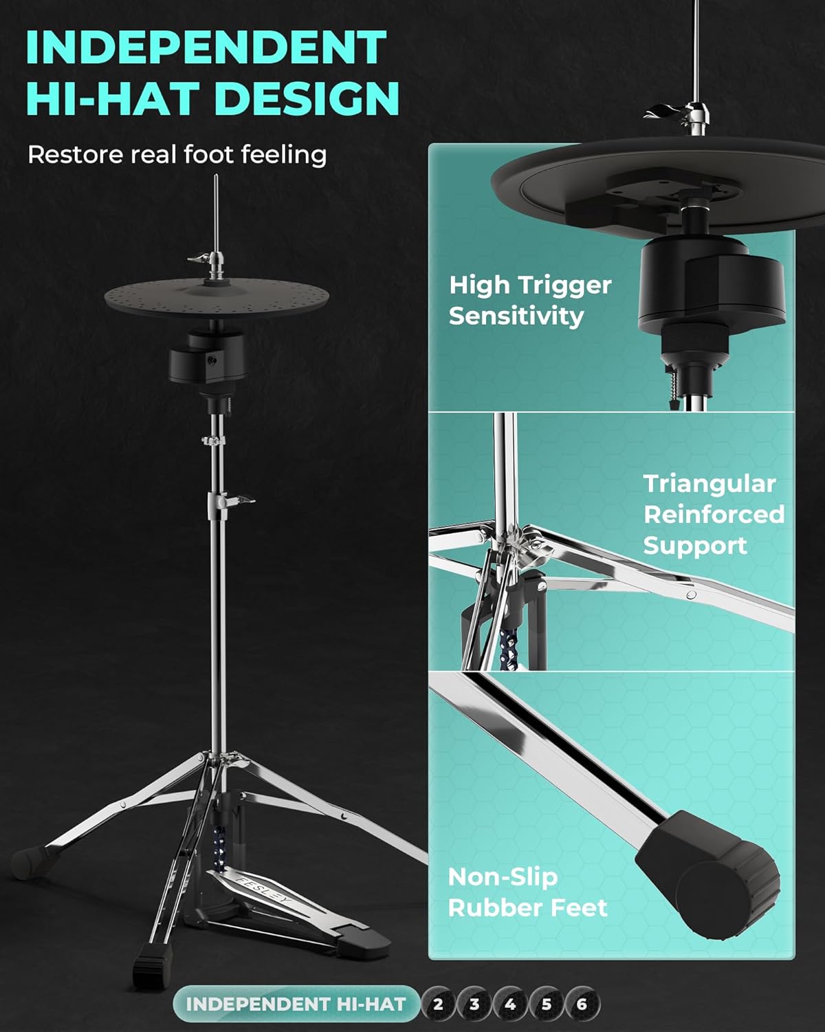 Hi-hat independente da bateria eletrônica Fesley com alta sensibilidade e suporte reforçado