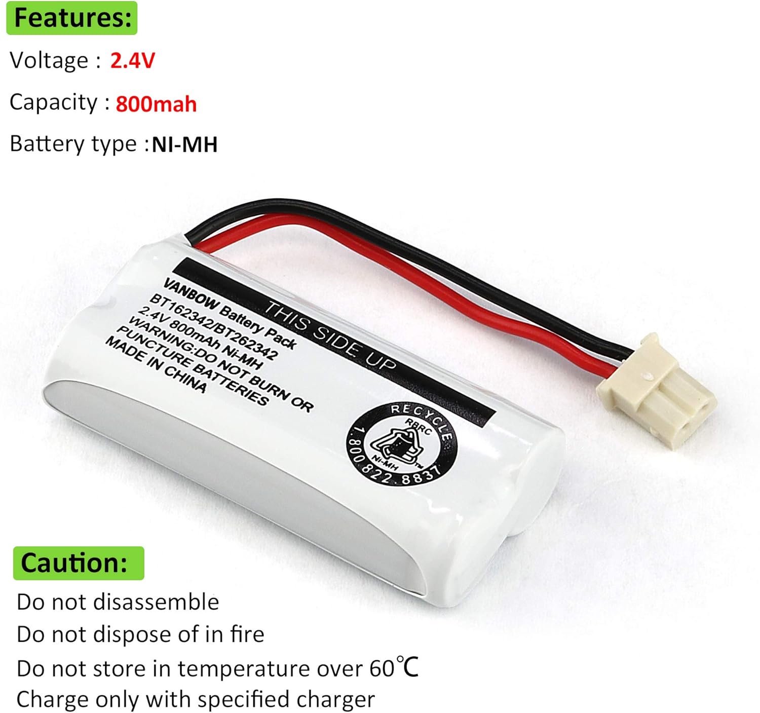 Características da bateria VANBOW BT162342 2.4V 800mAh Ni-MH com instruções de segurança.