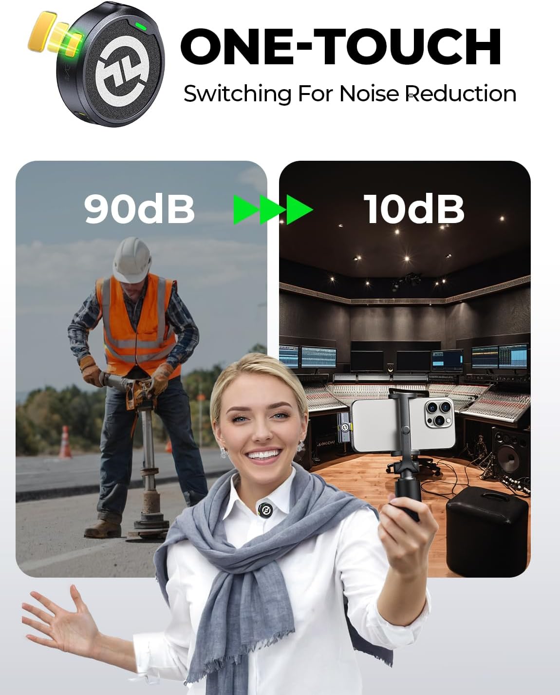 Microfone Hollyland Lark M2 com controle One-Touch para redução de ruído de 90dB para 10dB em diferentes ambientes.