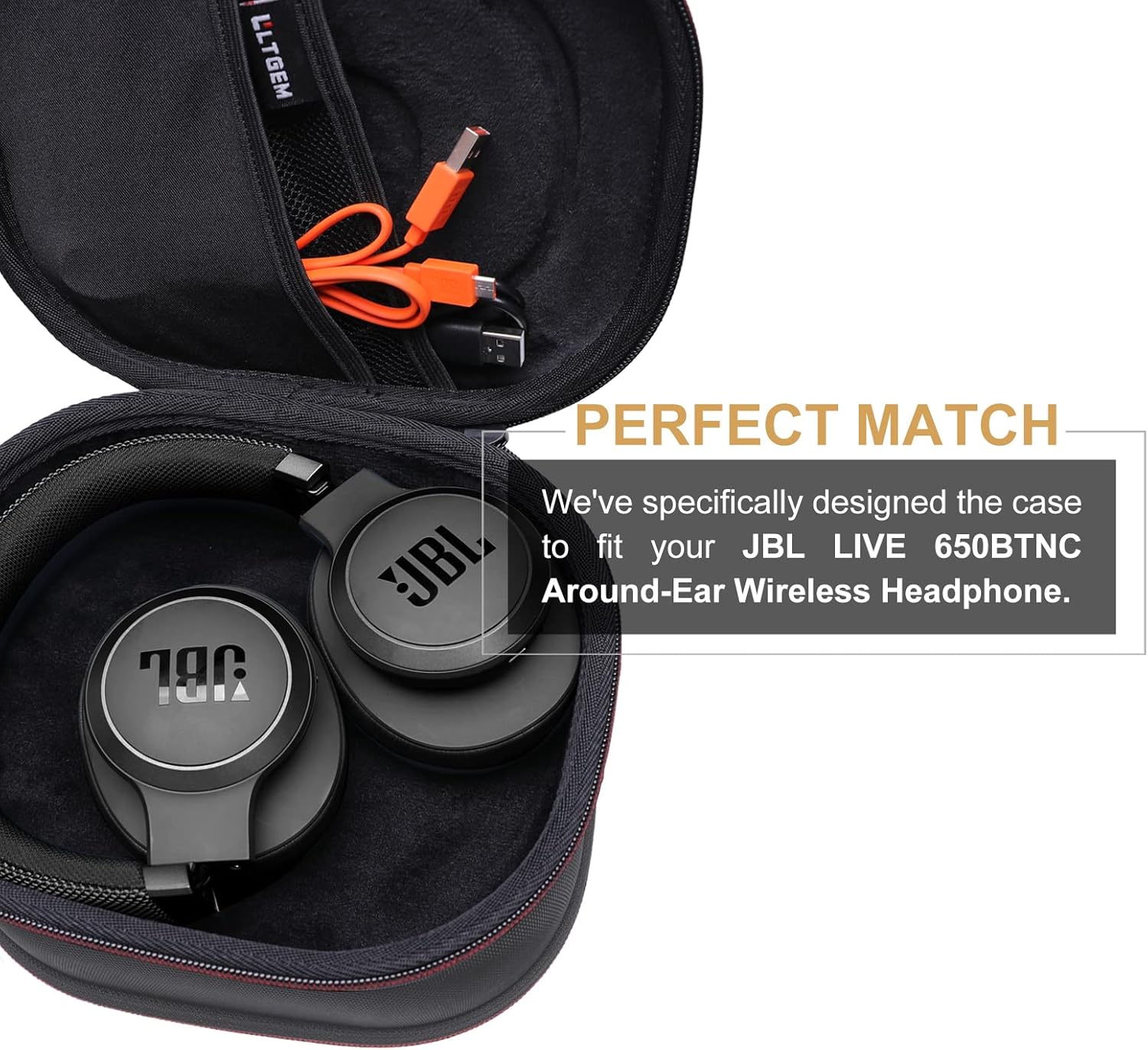 Capa rígida preta LTGEM compatível com fones JBL Live 650BTNC com bolso interno para cabos