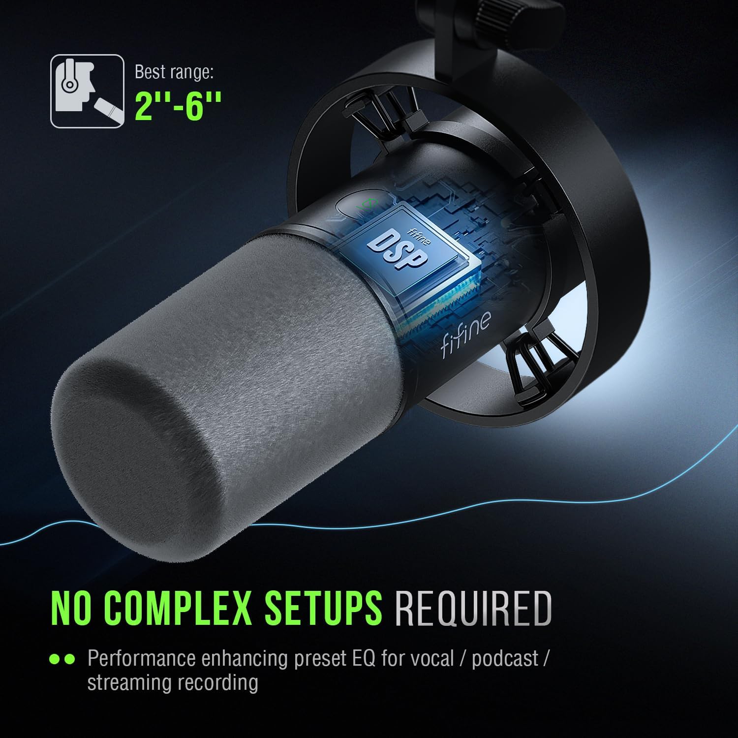 Microfone dinâmico FIFINE K688 com DSP, preset EQ para voz e podcasts, fácil instalação, faixa ideal de 2 a 6 polegadas.
