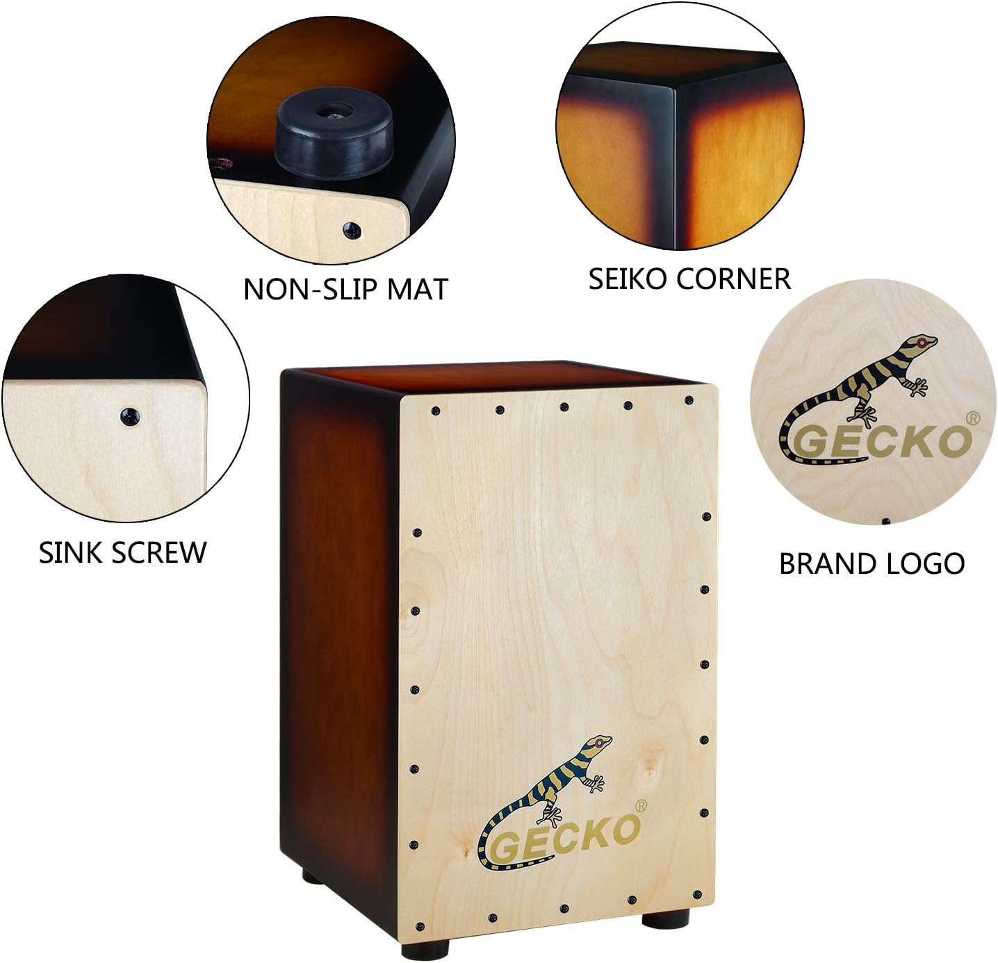 Detalhes do cajon GECKO BOX com tapetes antiderrapantes, cantos reforçados, parafusos embutidos e logo da marca