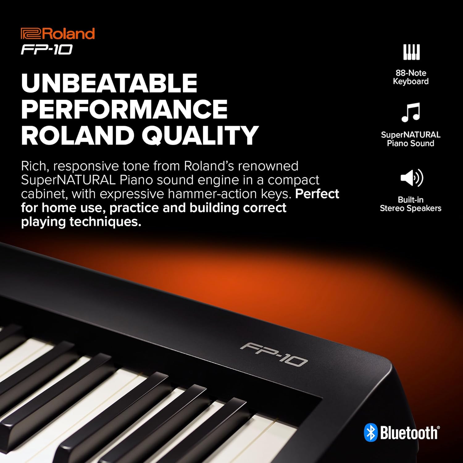 Piano digital Roland FP-10 BK com som SuperNATURAL e teclas com ação de martelo, ideal para prática em casa.