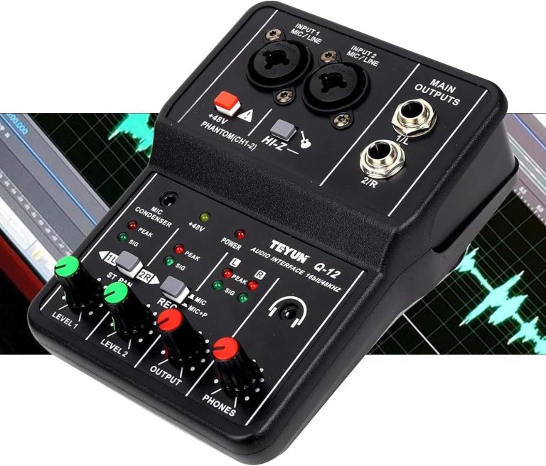 Interface de áudio Teyun Q-12 2 canais USB 2.0 com Phantom Power 48V, controles de volume e conexões profissionais