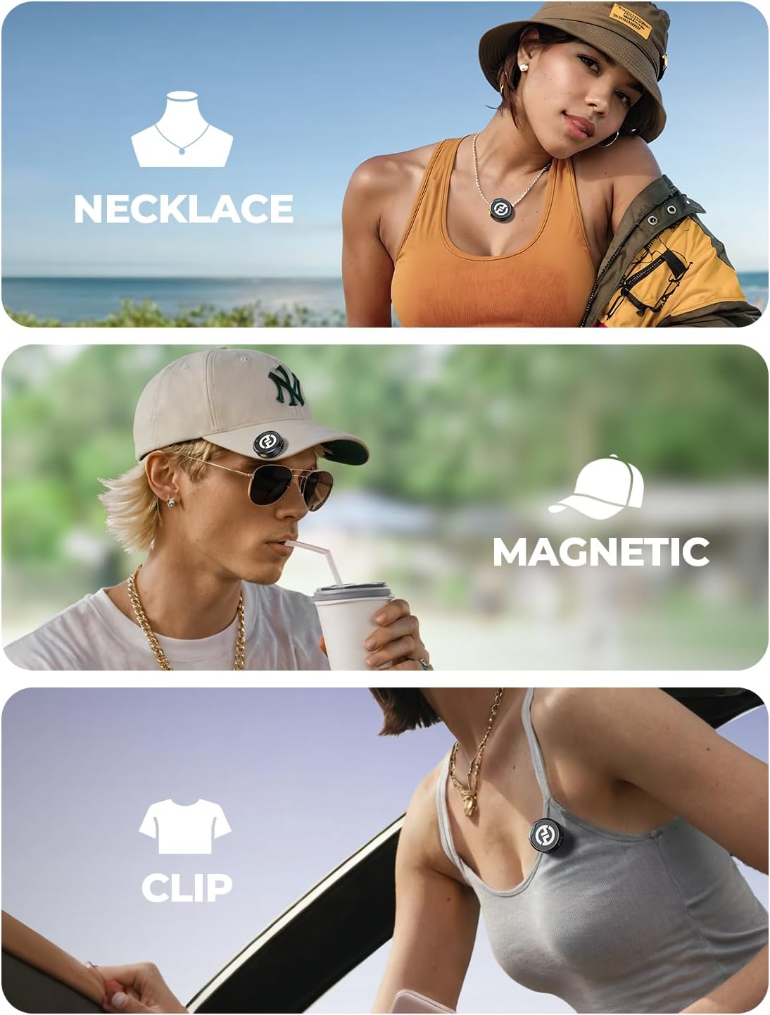 Formas de usar microfone sem fio Hollyland Lark M2: colar, magnético em boné e clipado em roupa.