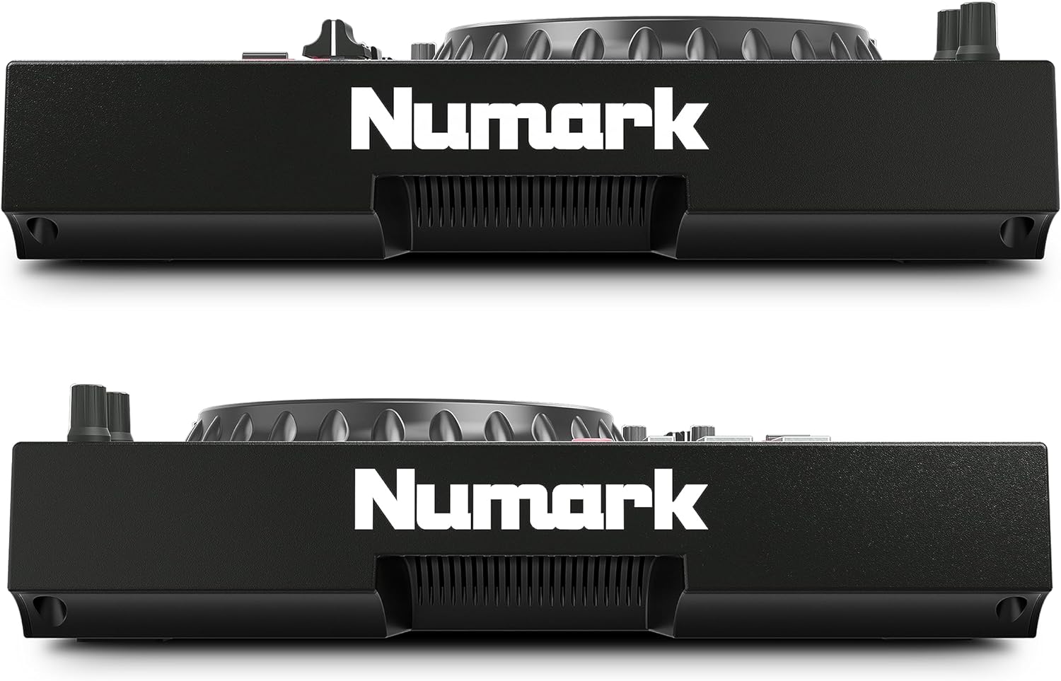 Vista superior e lateral do controlador DJ Numark Mixstream Pro preto com botões vermelhos e jog wheels grandes