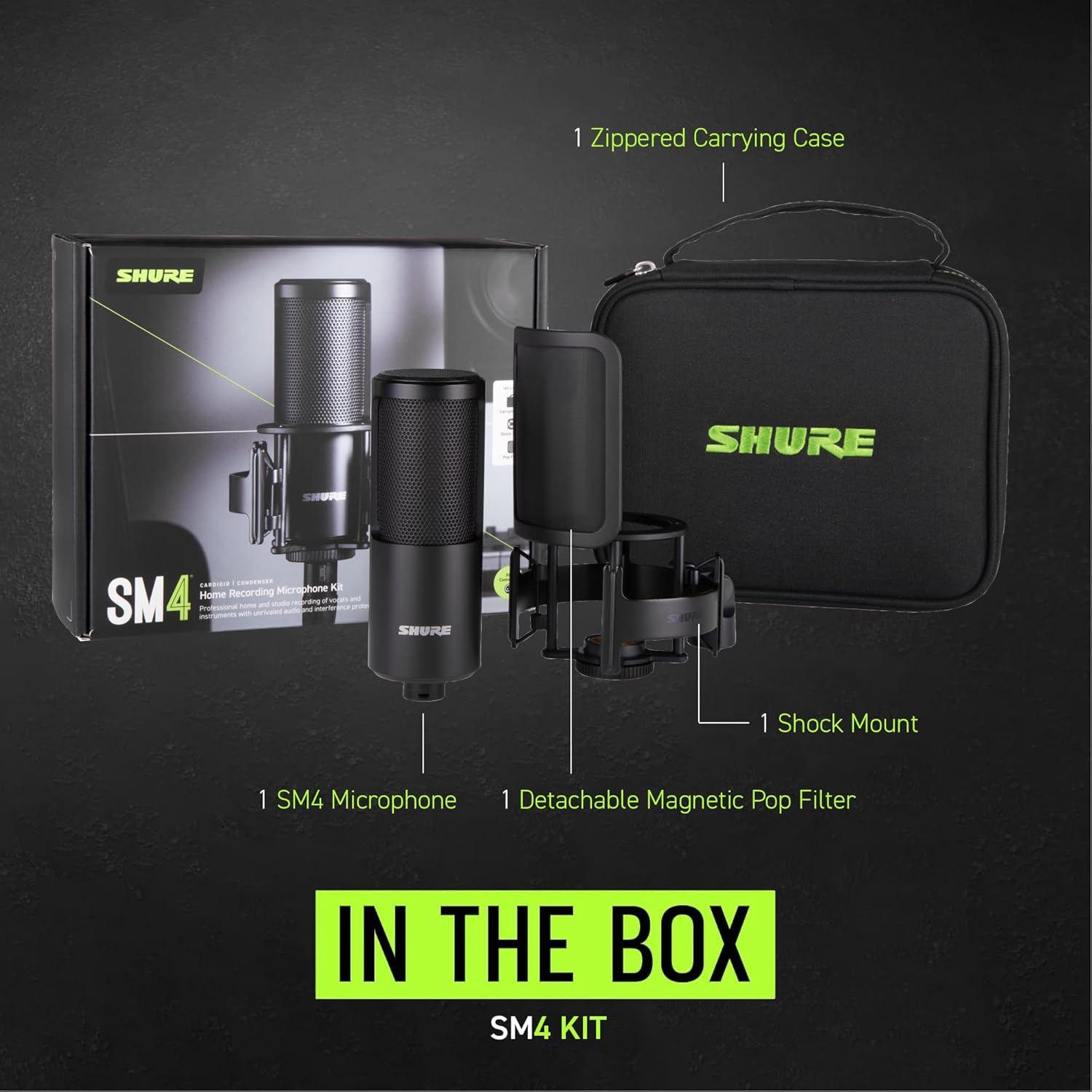Kit completo Shure SM4 com microfone, filtro pop magnético, suporte anti-choque e estojo de transporte.
