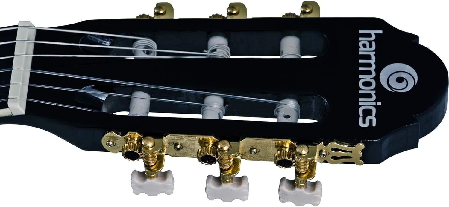 Cabeça do violão Harmonics GC-10BK Nylon Preto com Verniz Brilhante, mostrando tarraxas douradas e logotipo.