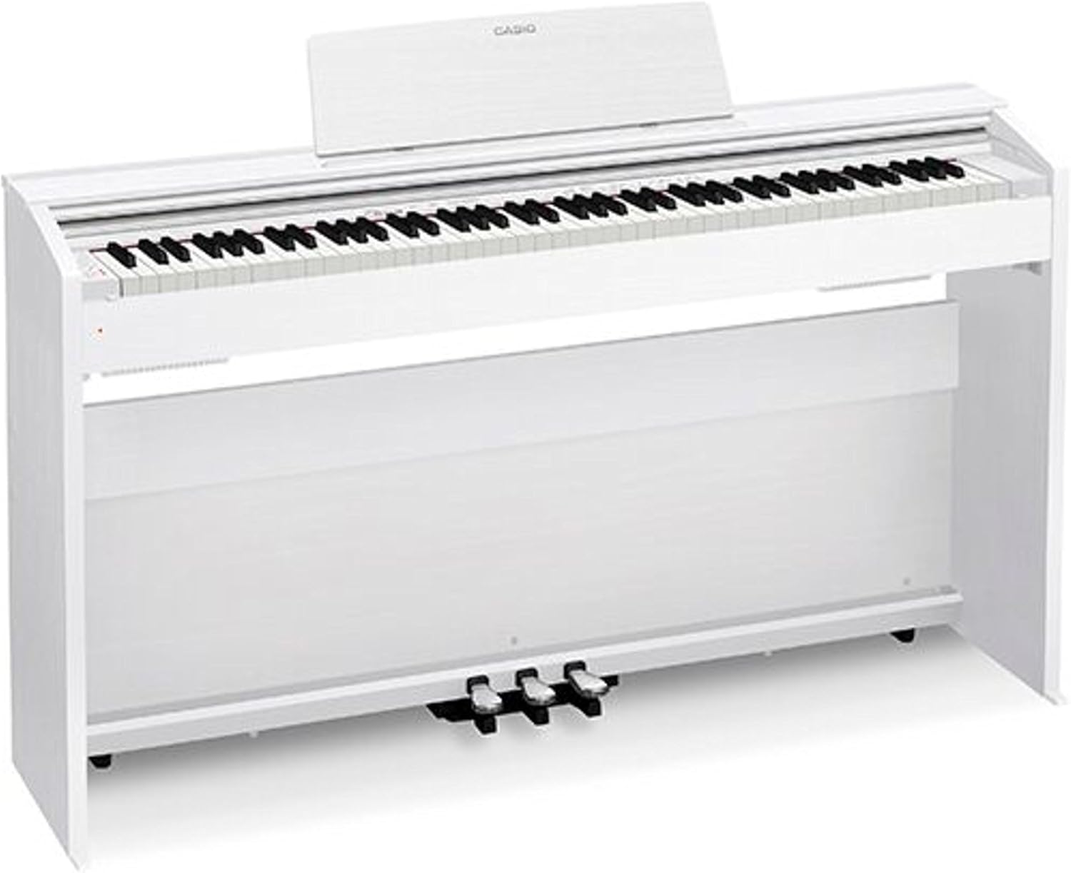 Piano digital branco Casio PX-870 Privia visto de lado com 88 teclas e suporte de partituras