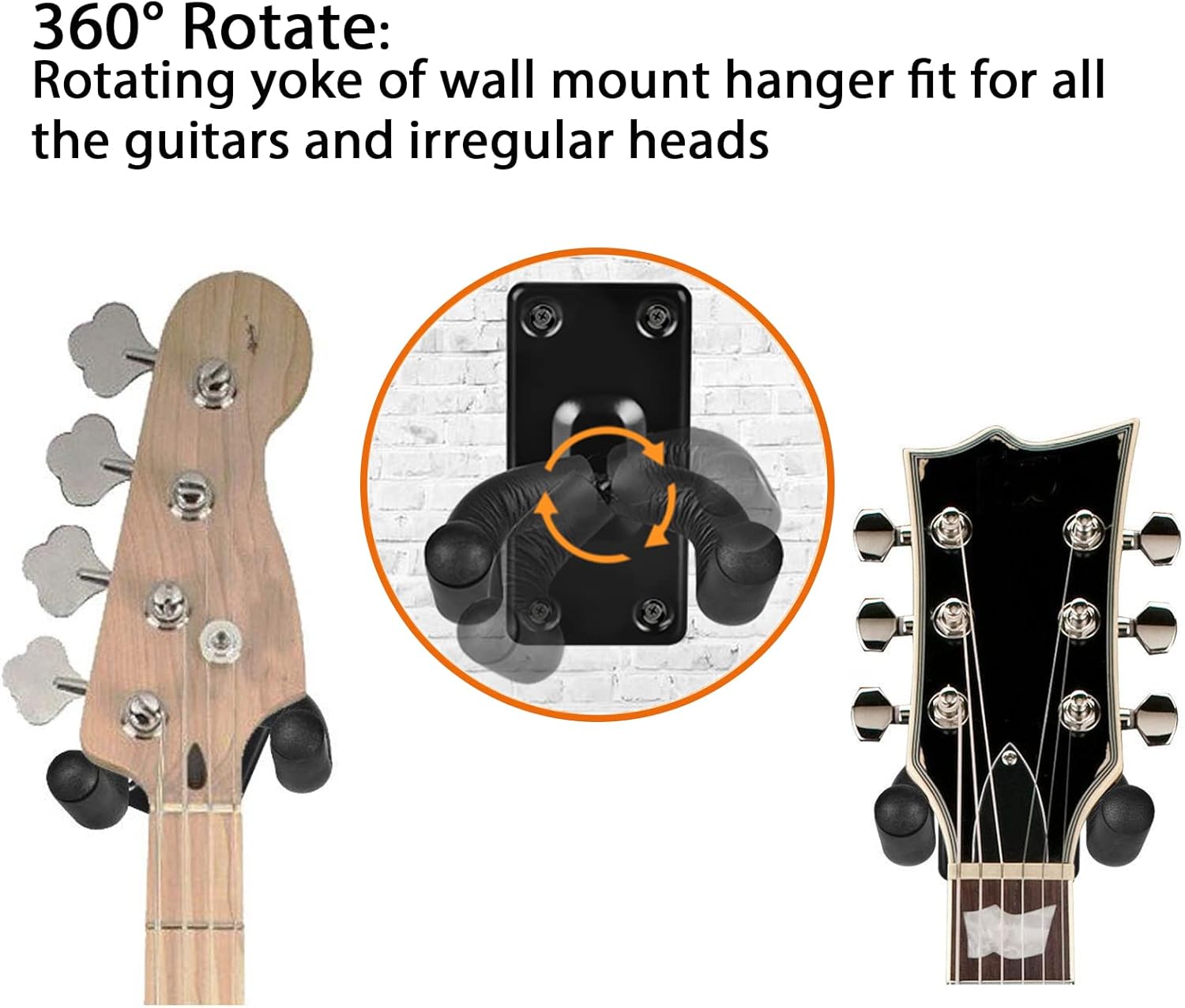 Suporte de parede para guitarra com gancho duplo preto e rotação 360 graus para ajuste em cabeças irregulares