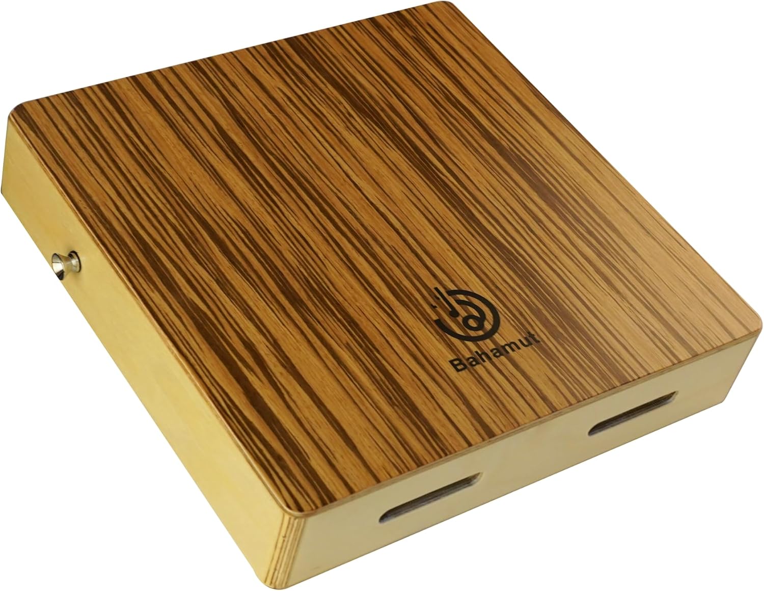 Cajon portátil Bahamut em madeira zebrawood laqueado com acabamento brilhante e logo