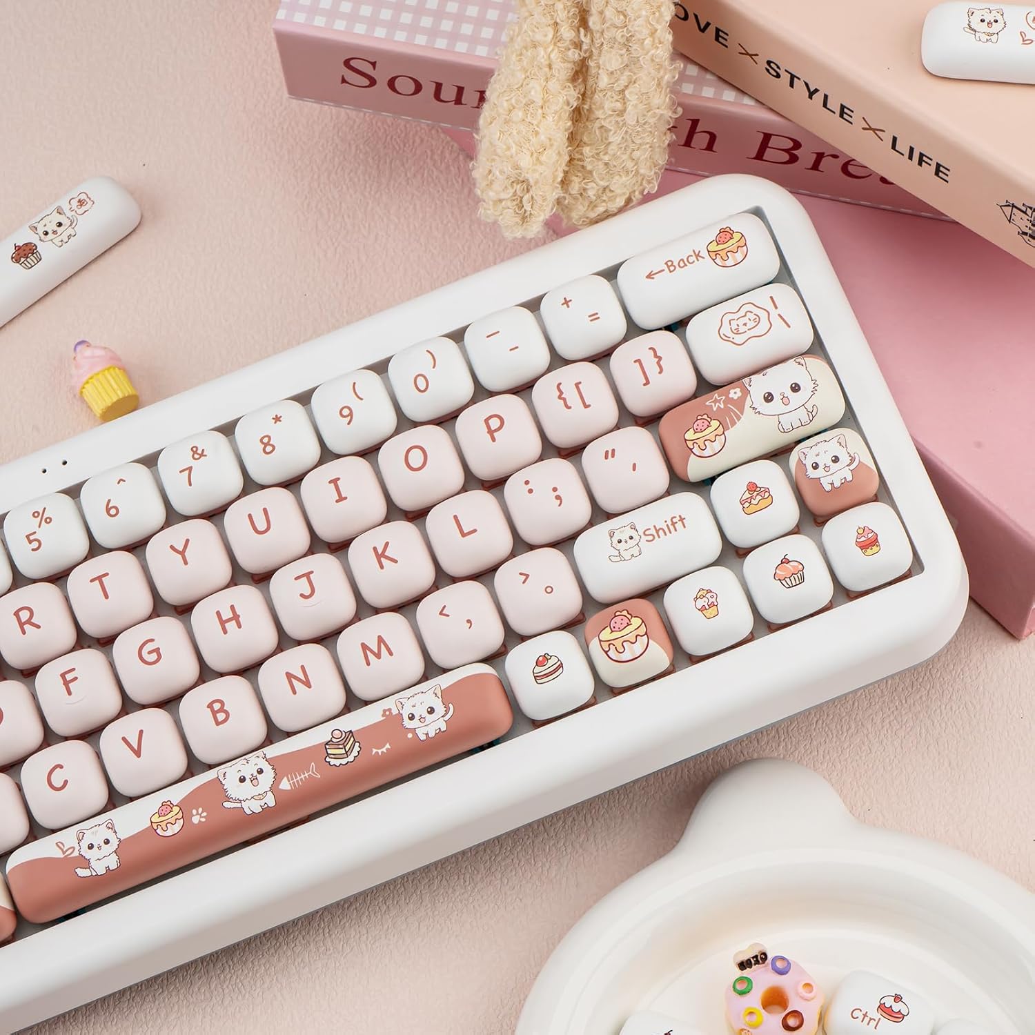 Teclas perfil MOG PBT para teclado personalizado com decoração de gatinhos e doces em tom rosa e branco
