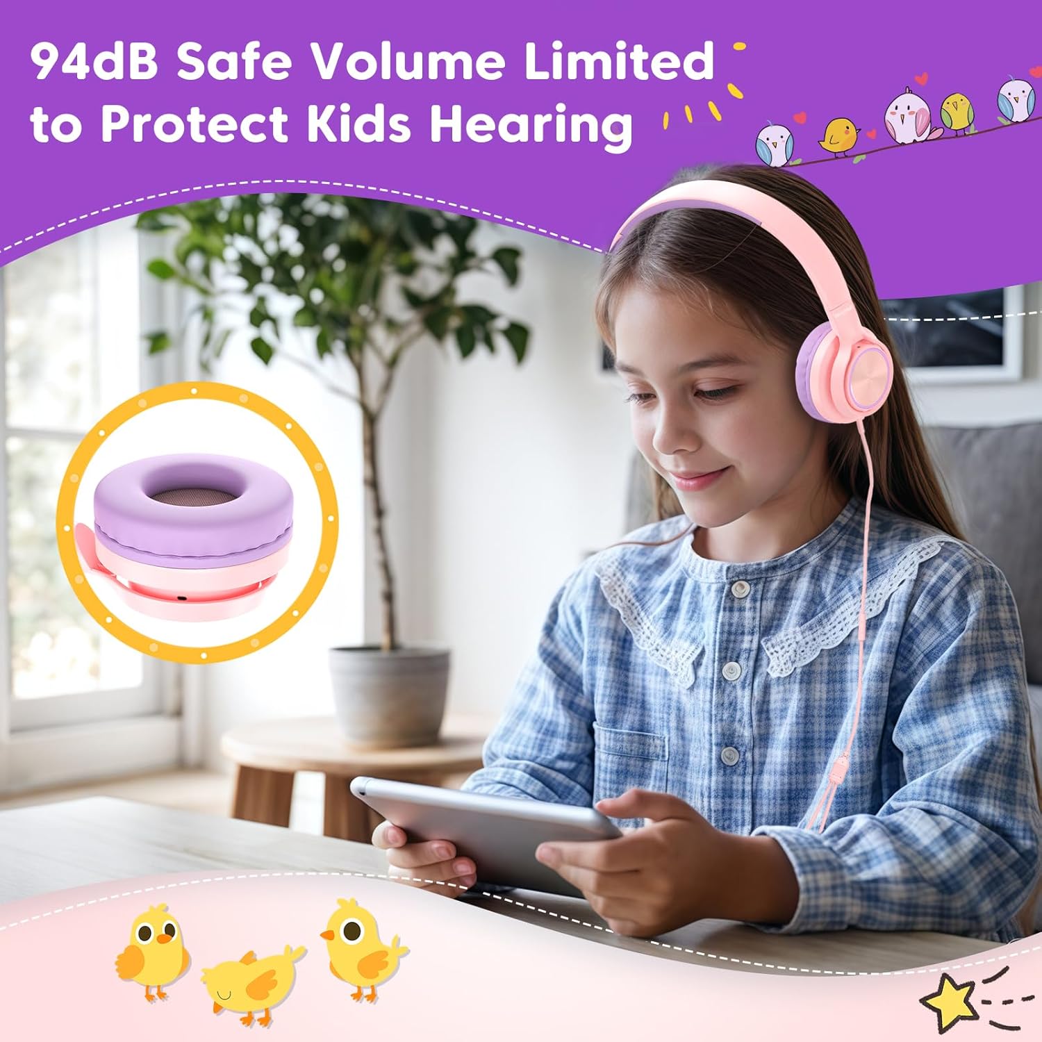 Fone infantil VkingMoR com limite seguro de volume a 94dB para proteção auditiva