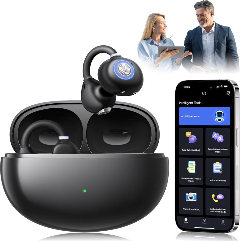 Fones de ouvido tradutores AMINY com estojo preto e aplicativo móvel para tradução em 163 idiomas, fone com reconhecimento por toque.