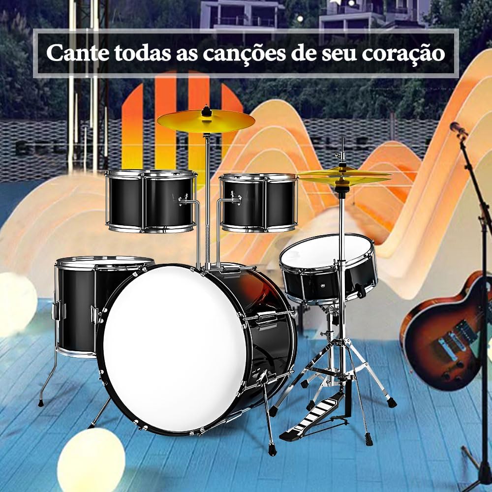 Bateria Darhan preta cromada com banco e pratos dourados para tocar todas as canções do coração.