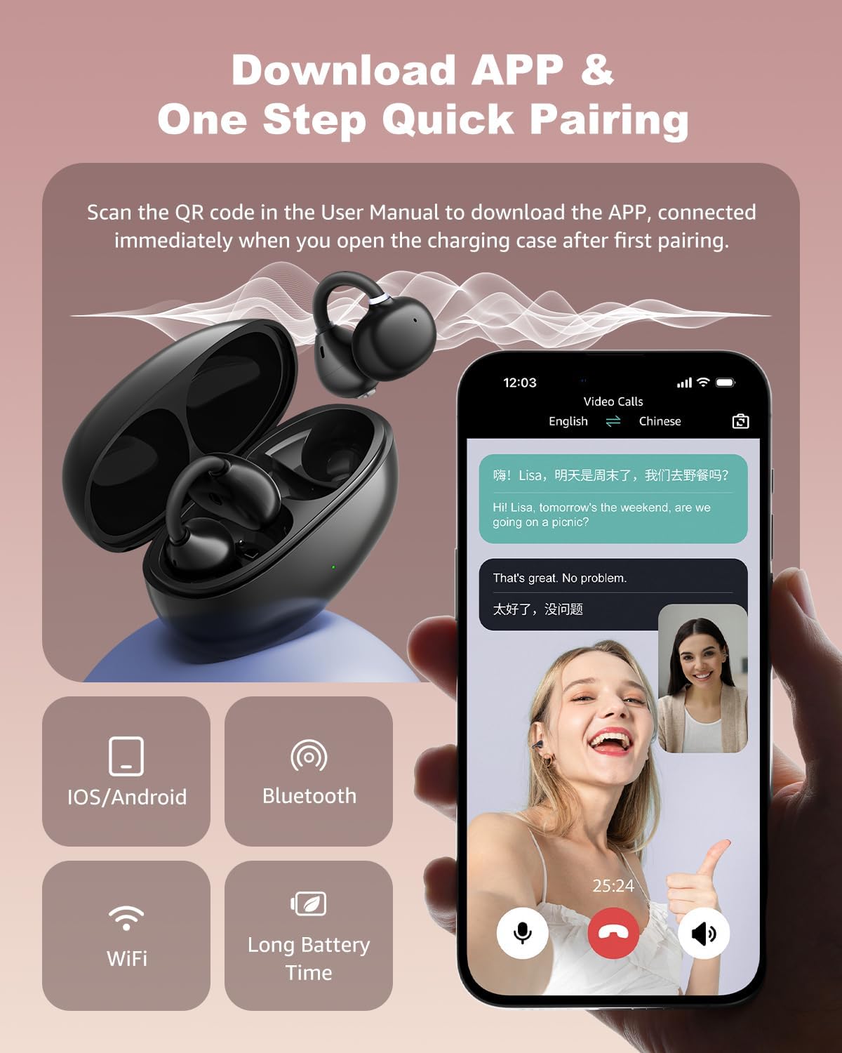Fones de ouvido AMINY com app para pareamento rápido e tradução em chamadas de vídeo, compatível com IOS/Android, Bluetooth e WiFi.