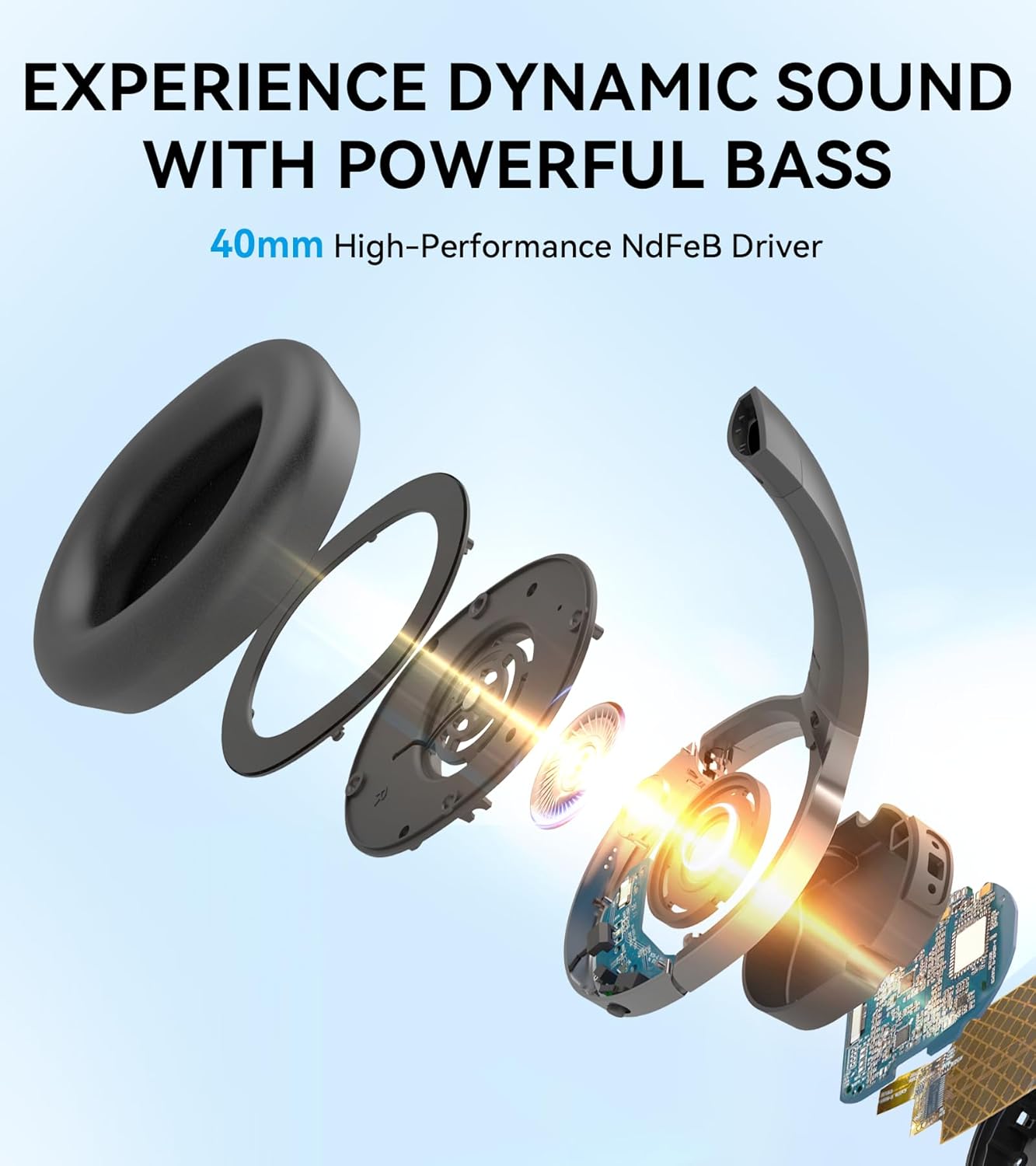 Componentes internos do fone Edifier W600BT mostrando driver de 40mm para som dinâmico e graves potentes
