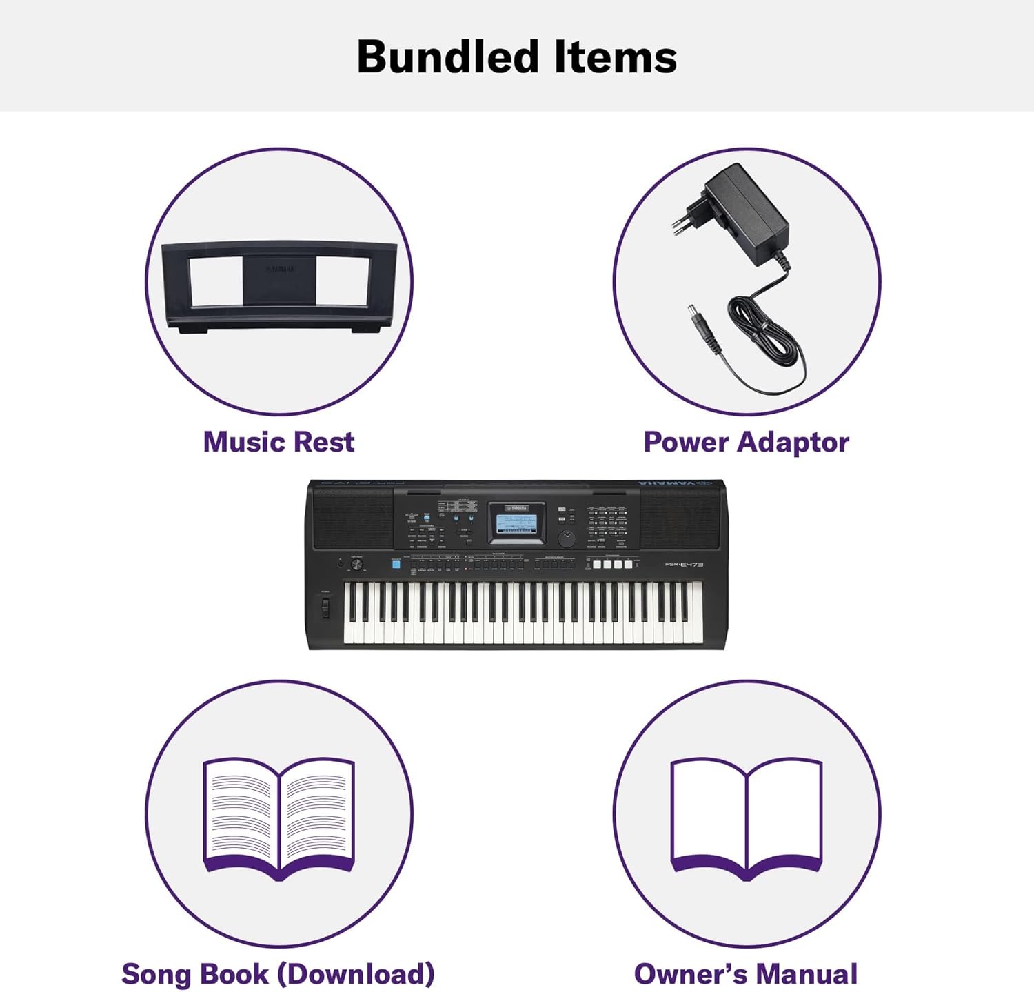 Itens inclusos no pacote do teclado Yamaha PSR E473: suporte, adaptador, livro de músicas e manual