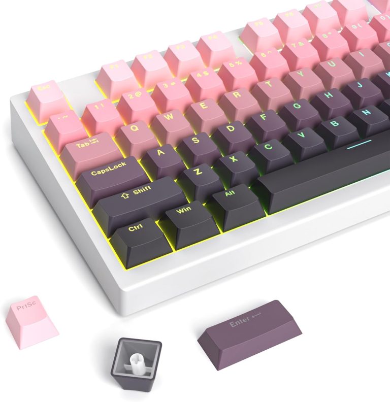 Conjunto de teclas para teclado mecânico com gradiente rosa a cinza, PBT e retroiluminação.
