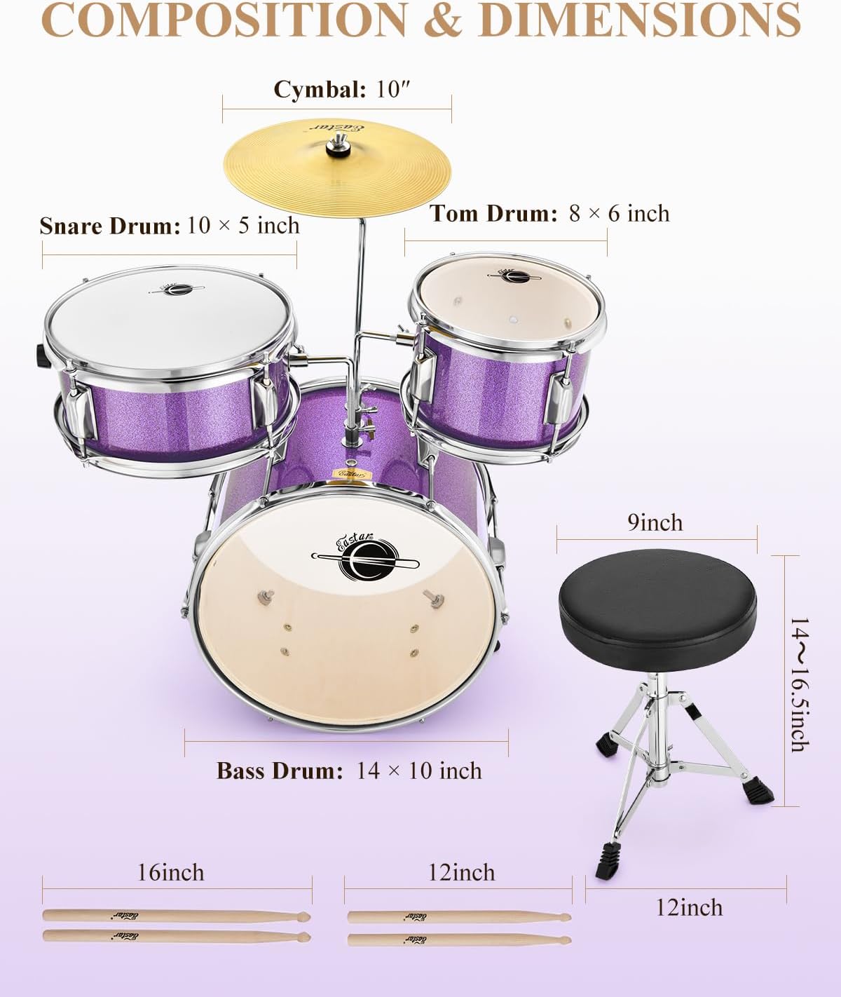 Dimensões detalhadas do conjunto de bateria júnior Eastar roxo metálico para iniciantes.