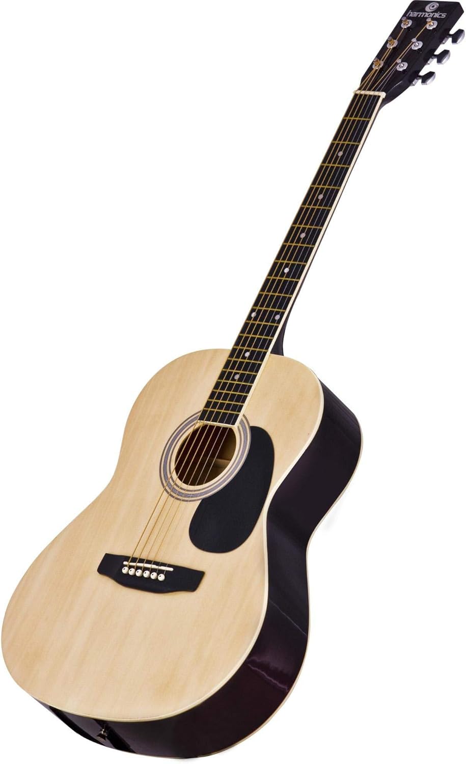 Violão acústico Harmonics GS-11 com tampo natural e laterais pretas, braço escuro e tarraxas cromadas.