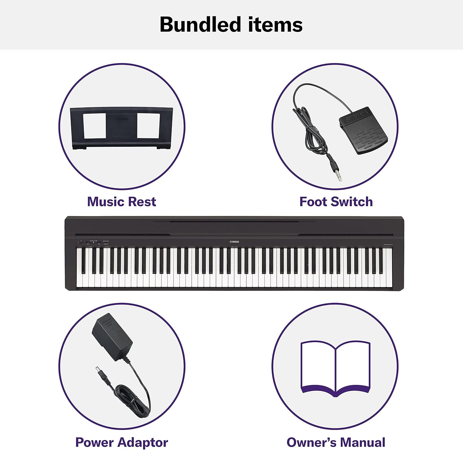 Itens inclusos no pacote do piano digital Yamaha P-45: descanso para partituras, pedal, adaptador e manual.