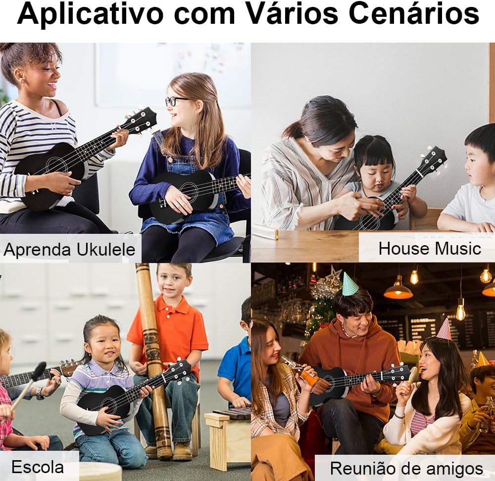 Diversos cenários de uso do ukulele soprano preto 21 polegadas: ensino, música em casa, escola e reunião de amigos.
