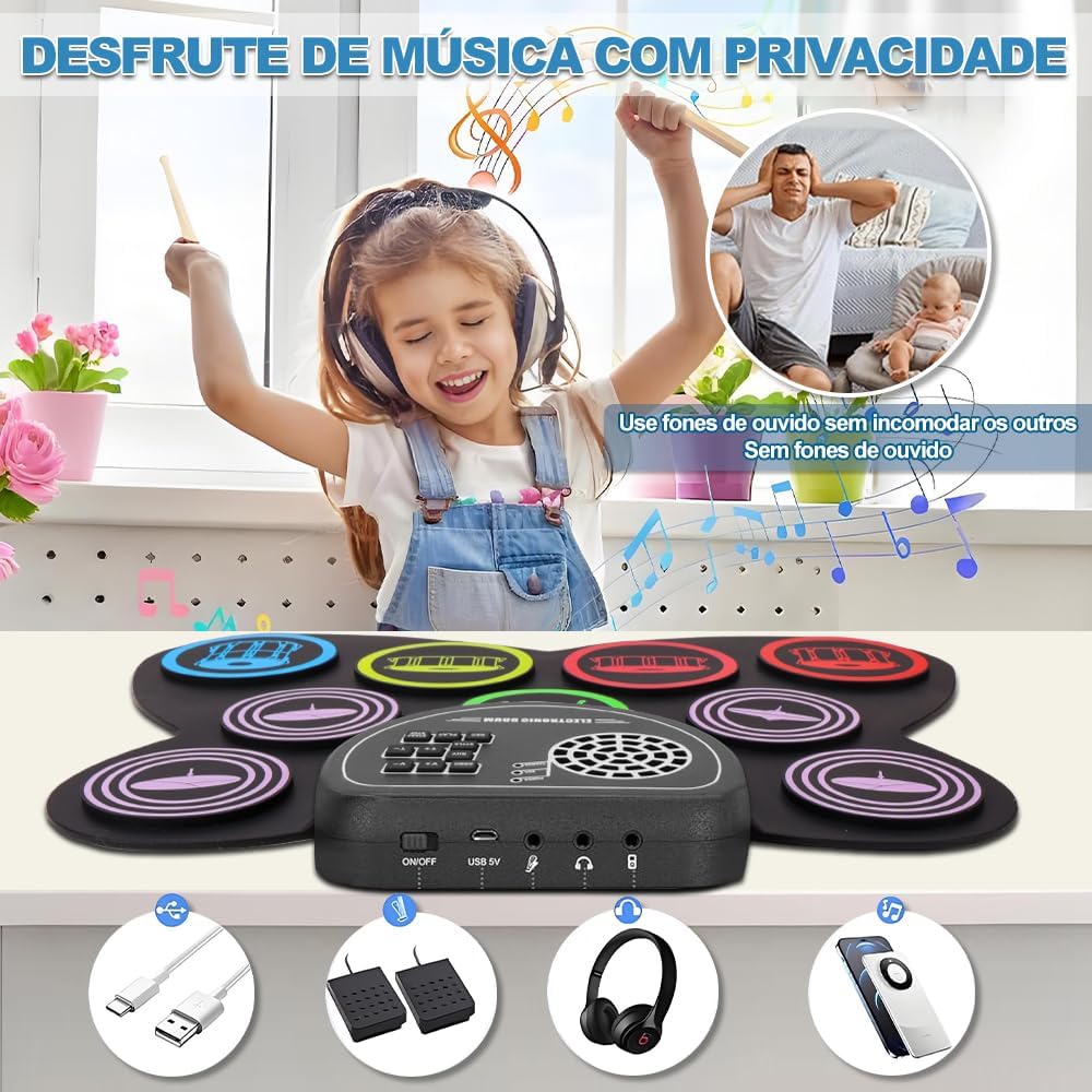 Menina tocando bateria eletrônica portátil Yedelna com fones de ouvido, destacando privacidade musical.