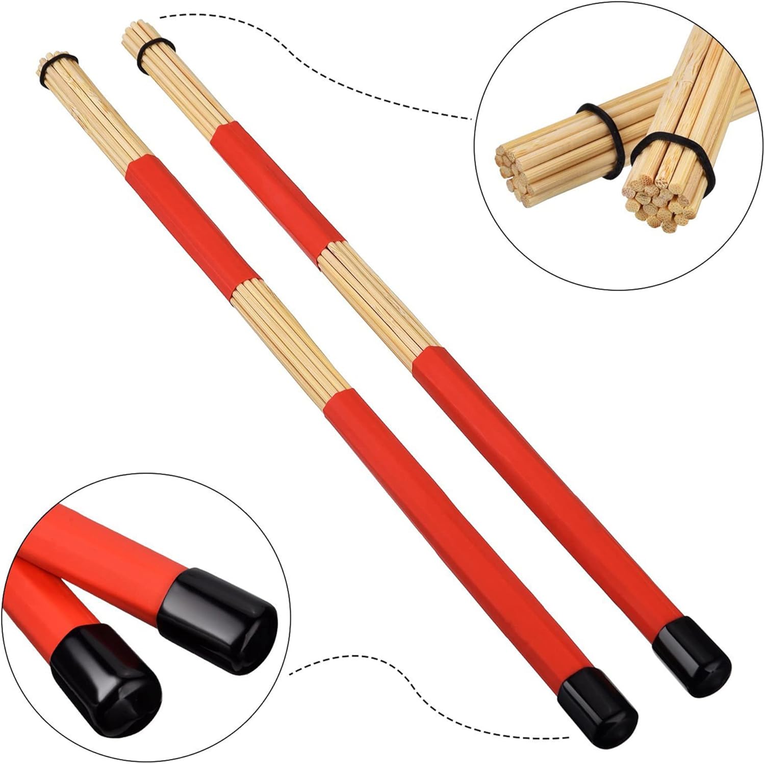 Varas para bateria Meideal em madeira com detalhes vermelhos e pontas pretas, usadas para jazz, folk e rock.
