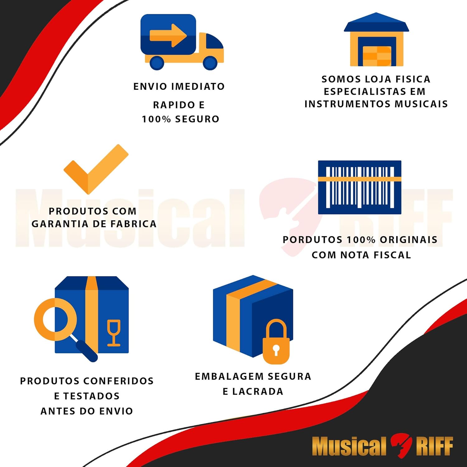 Imagem promocional da Musical Riff com informações de envio, garantia e originalidade de produtos