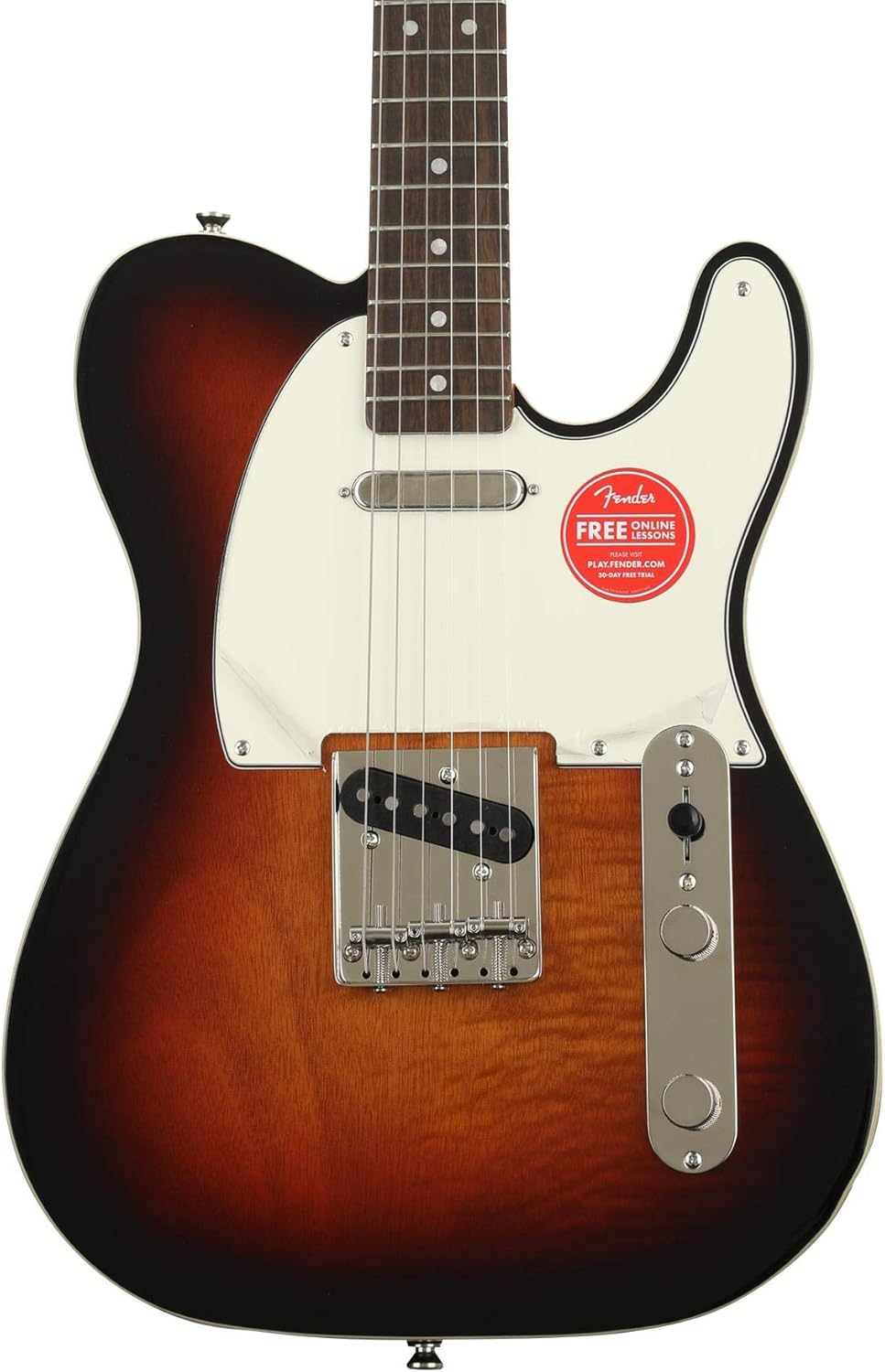 Close frontal do corpo da guitarra Squier Classic Vibe '60s Custom Telecaster Sunburst com escudo branco e adesivo vermelho