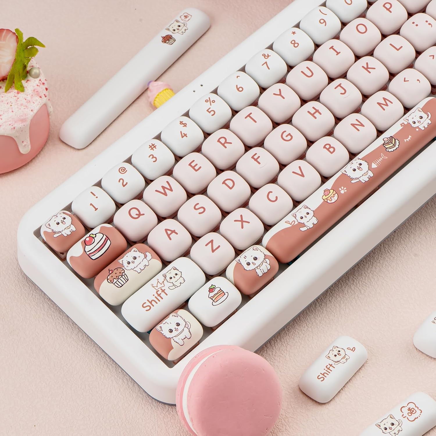 Teclado personalizado com teclas perfil MOG PBT com desenhos de gatinhos e doces em cores claras