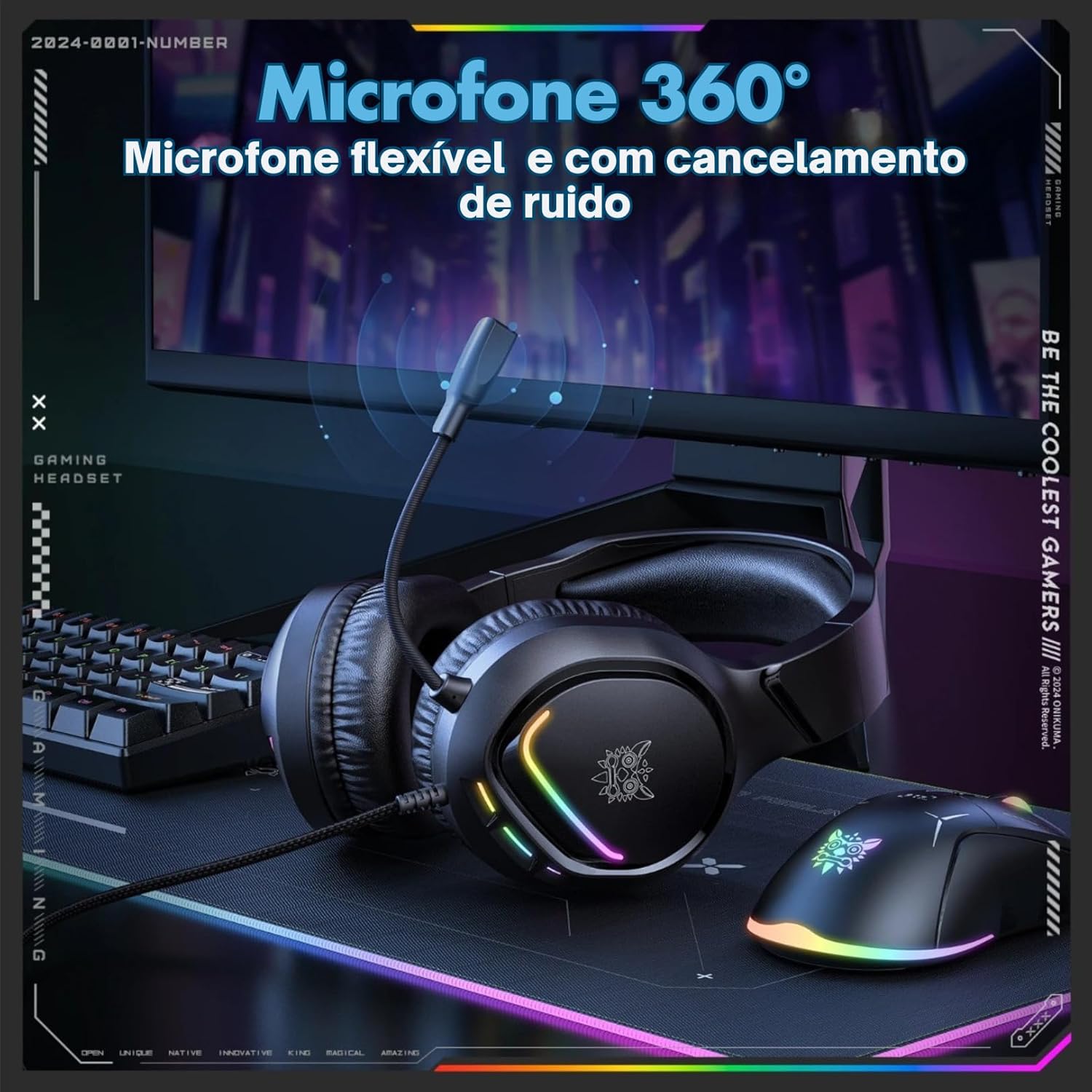 Headset Onikuma X31 com microfone flexível 360 graus e cancelamento de ruído para comunicação clara.