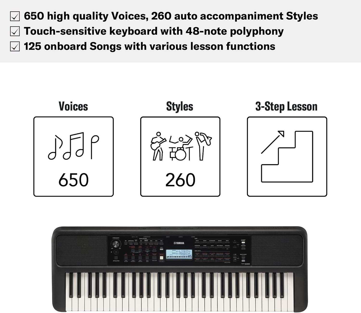 Principais atributos do teclado Yamaha PSR-E383: 650 vozes, 260 estilos, lições em 3 passos.