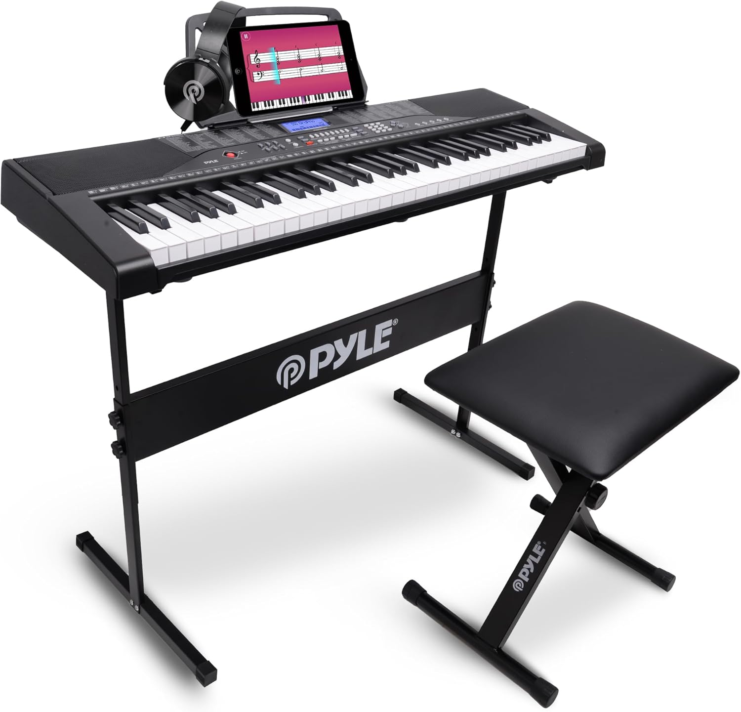 Teclado elétrico portátil Pyle com 61 teclas preto, suporte ajustável, assento acolchoado e fones de ouvido Bluetooth.