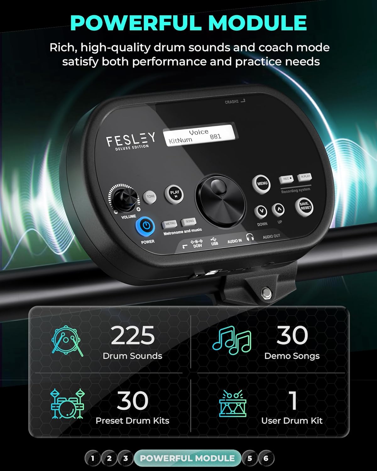 Módulo poderoso da bateria eletrônica Fesley com 225 sons, 30 músicas demo e 30 kits