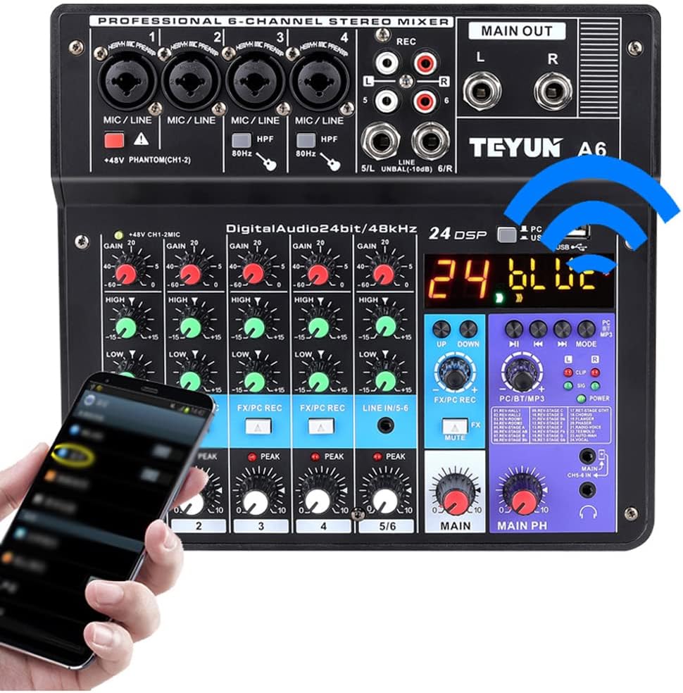 Mixer TEYUN A6 com conexão Bluetooth para controle via smartphone e painel digital colorido