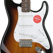 Guitarra elétrica Squier Bullet Stratocaster HT com corpo sunburst, captadores single-coil brancos, ponte fixa e escudo branco