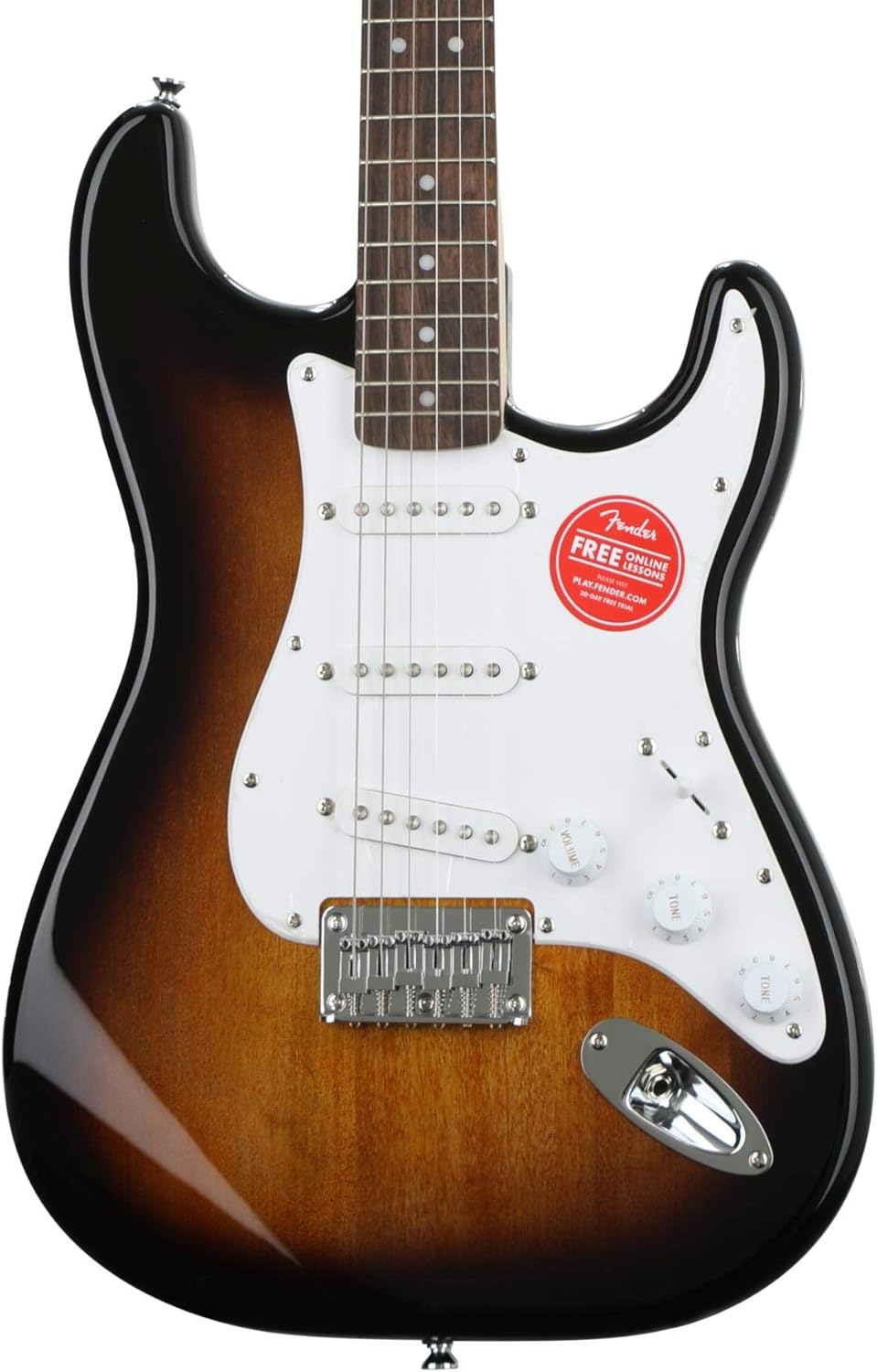 Guitarra elétrica Squier Bullet Stratocaster HT com corpo sunburst, captadores single-coil brancos, ponte fixa e escudo branco