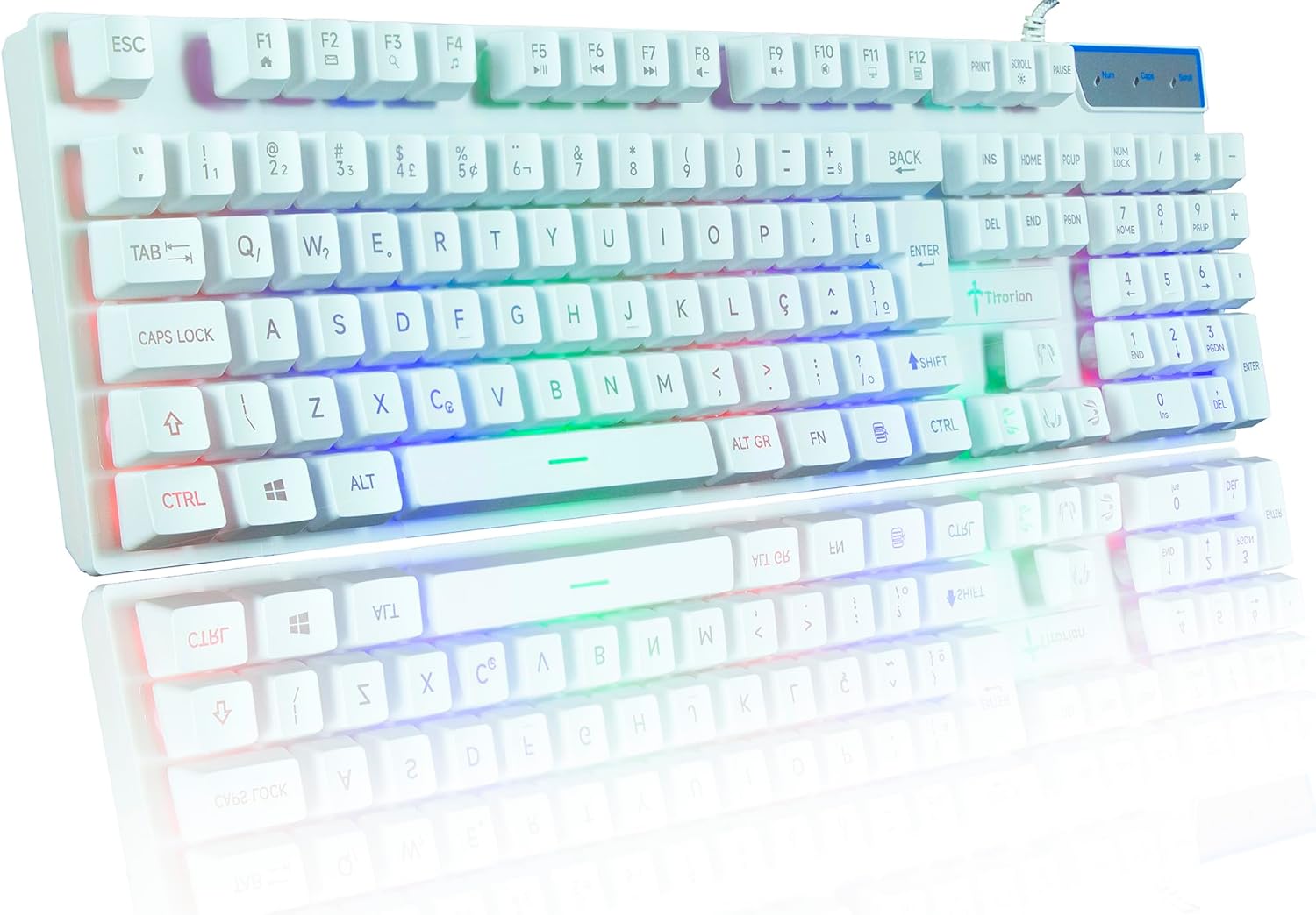 Teclado gamer semi mecânico Titorion TE001 com iluminação RGB branco e preto, cabo USB, layout ABNT2, anti-ghosting e teclas ergonômicas.